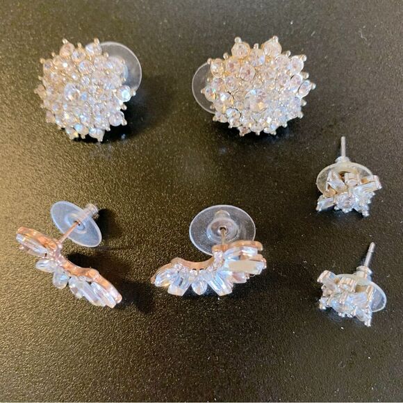 Glam Bling Crystal Pierced Earrings Set of 3 Vintage - Picture 2 of 5